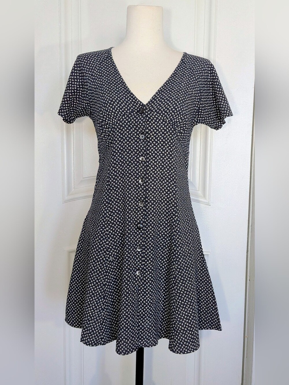 Vintage Esprit Baby Doll Dress Black and White Print Button Down Front Women XS